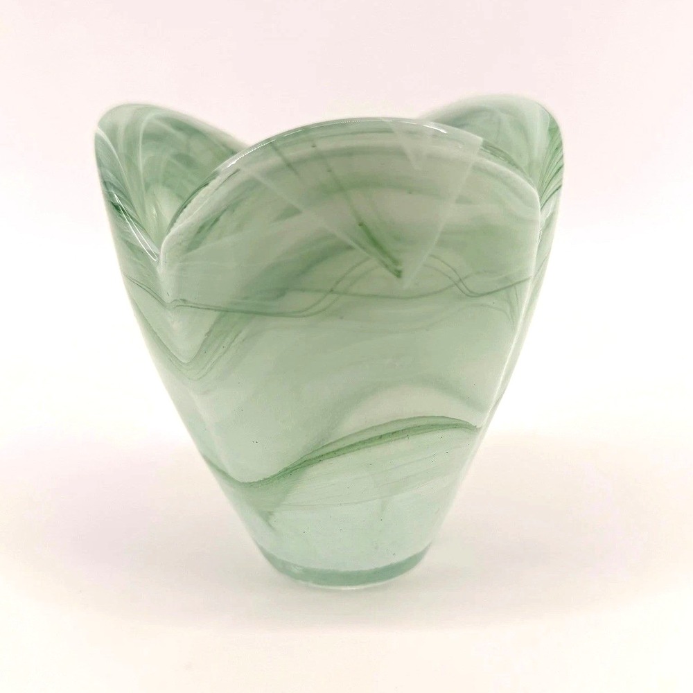 Lavorazione Arte Murano Glass Bowl Vase 4x4 Green White Swirl Italian Sticker
